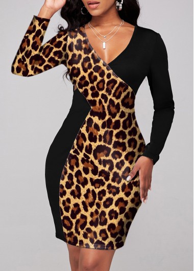 Rosewe Cocktail Party Dress Cross Front Leopard Long Sleeve Dress - M