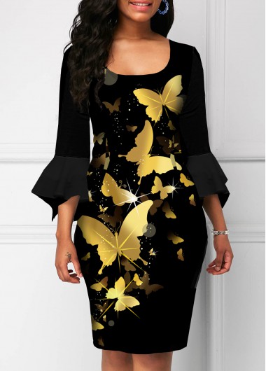 Rosewe Black Dresses Butterfly Print Hanky Sleeve Square Collar Dress - S