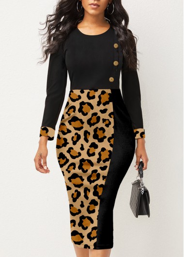 Rosewe Cocktail Party Dress Leopard Decorative Button Round Neck Dress - M