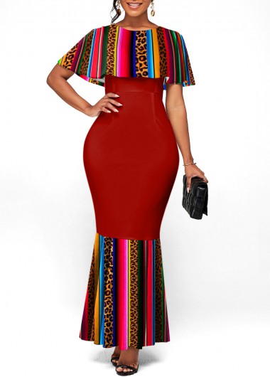 Rosewe Cocktail Party Dress Ruffle Overlay Round Neck Leopard Mermaid Dress - S