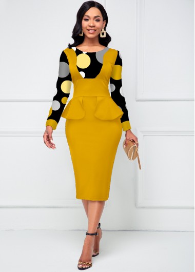 Rosewe Cocktail Party Dress Peplum Waist Round Neck Polka Dot Dress - S