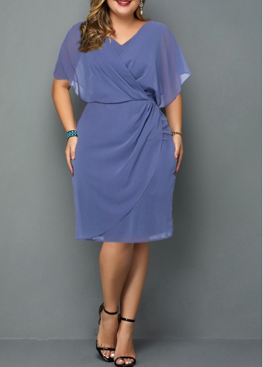Rosewe Solid Chiffon Plus Size V Neck Dress - 3X