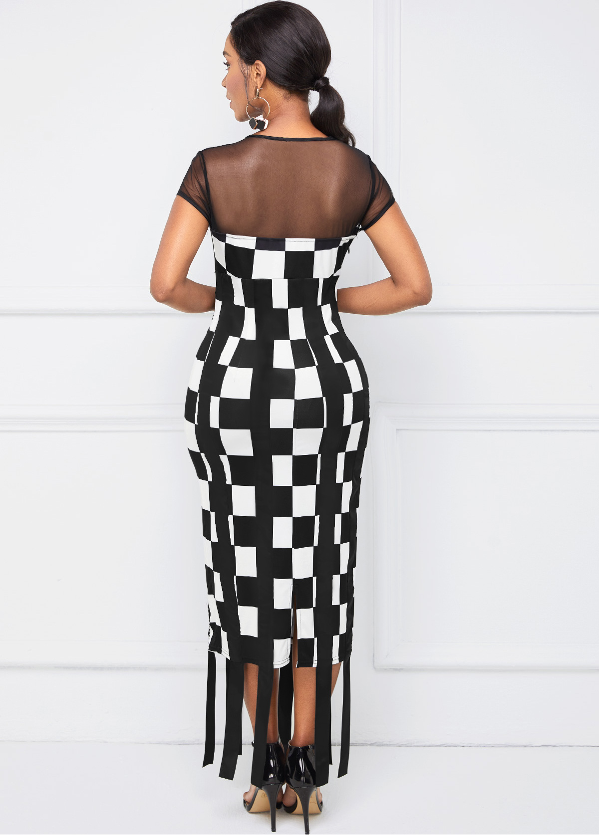 Round Neck Mesh Stitching Plaid Dress 