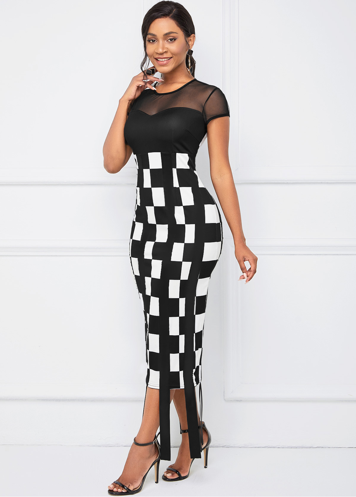 Round Neck Mesh Stitching Plaid Dress 