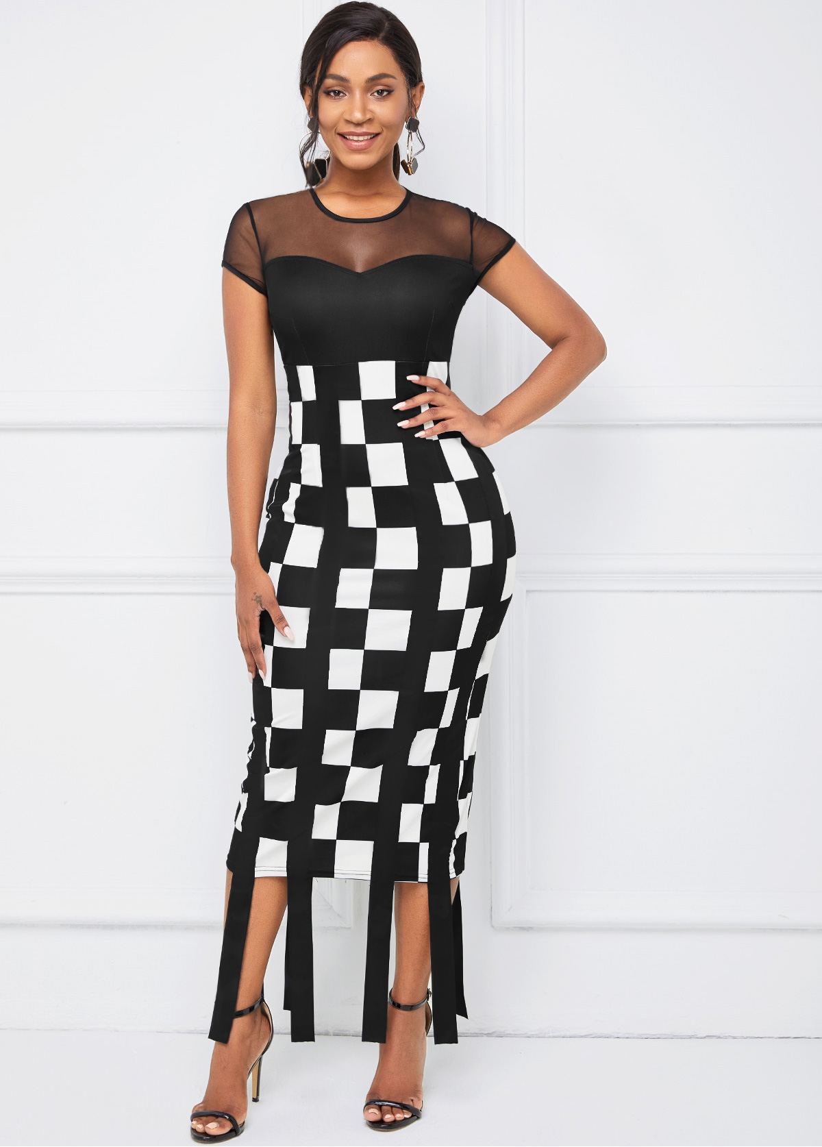 Round Neck Mesh Stitching Plaid Dress 