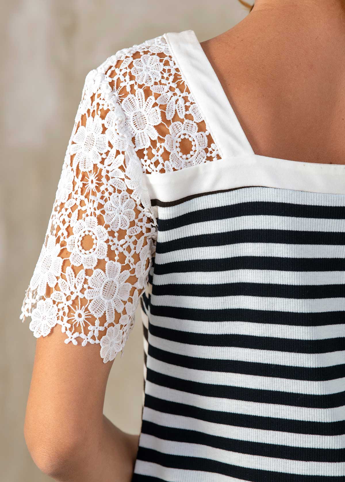 Striped Lace Patchwork Short Sleeve V Neck T Shirt