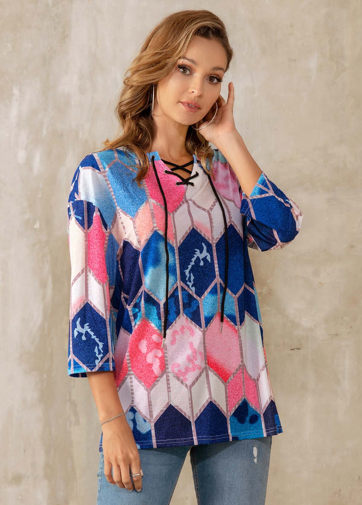 3/4 Sleeve Lace Up Geometric Print T Shirt