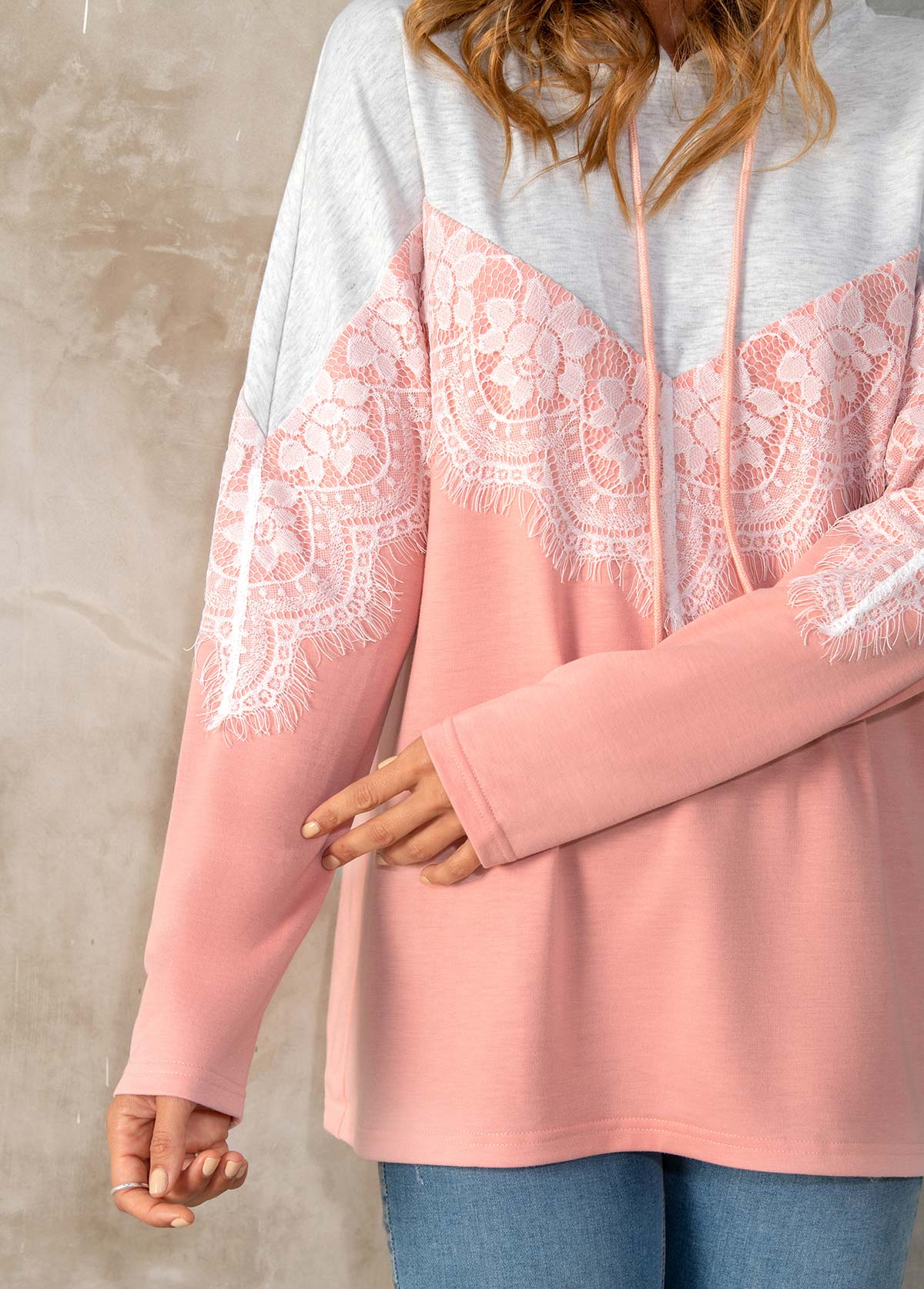 Drawstring Detail Contrast Lace Stitching Hoodie