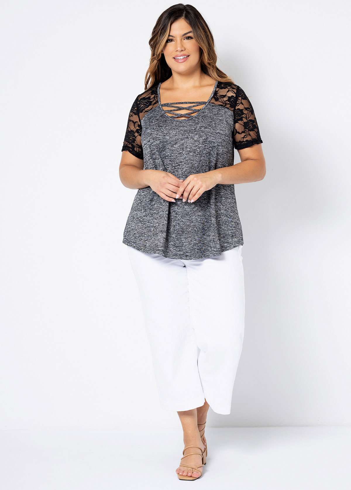 Cross Strap Plus Size Lace Stitching T Shirt