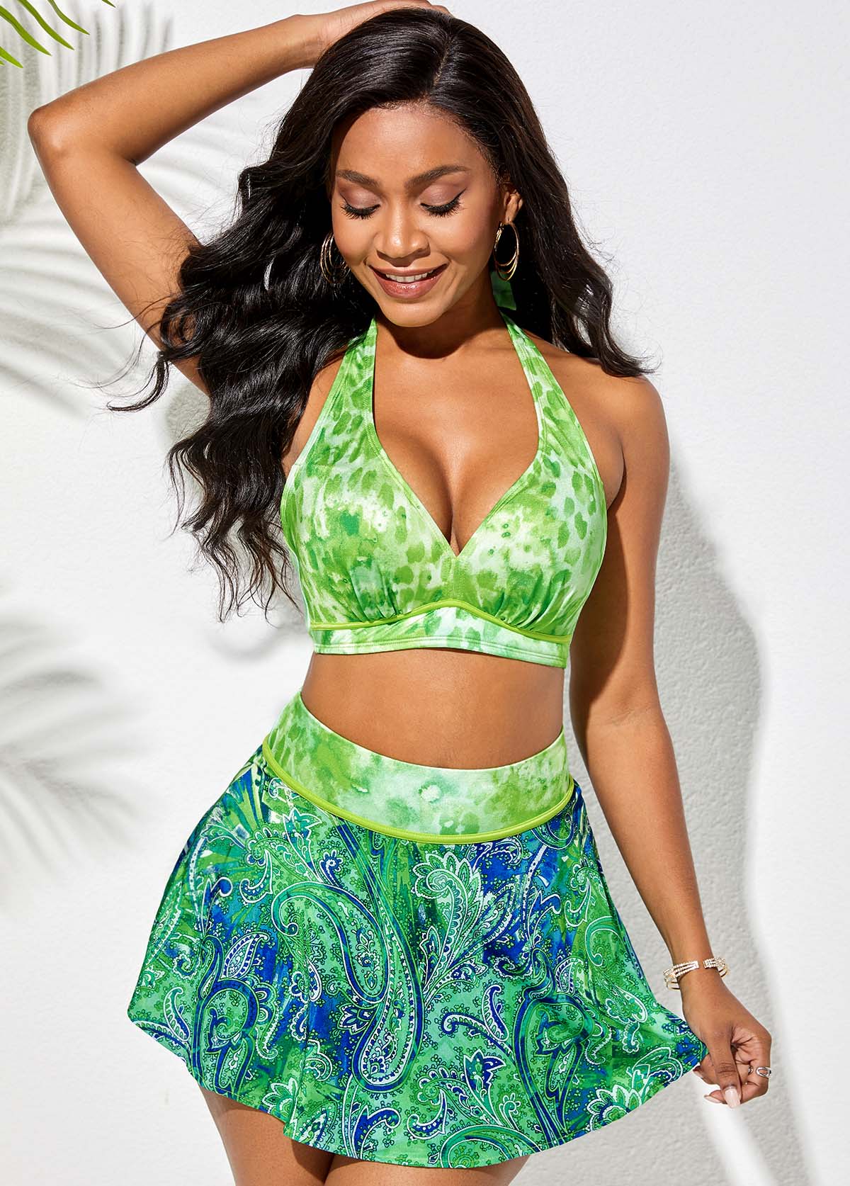 Paisley Print Green Plus Size High Waisted Bikini Set