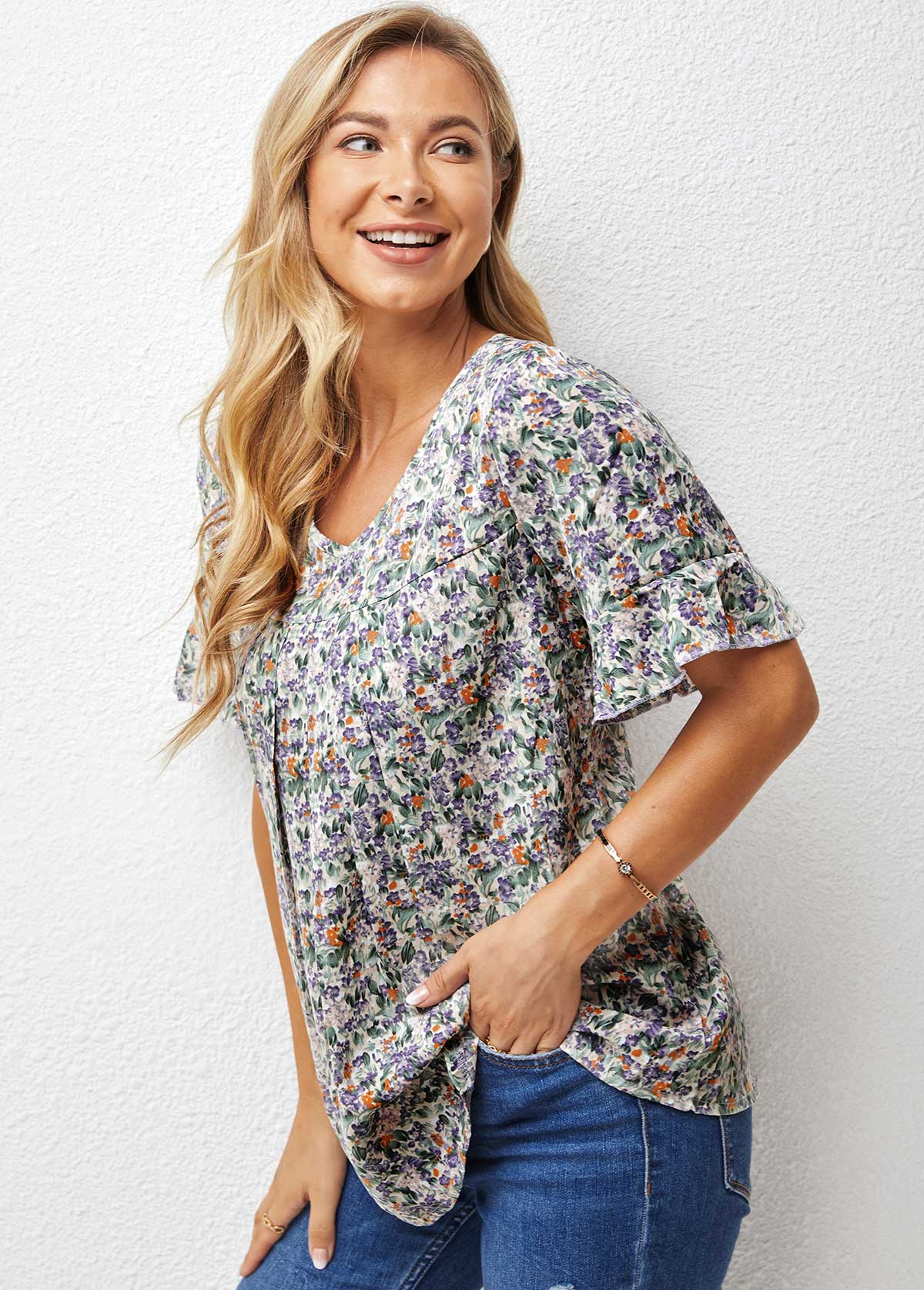 Flare Sleeve Floral Print V Neck T Shirt