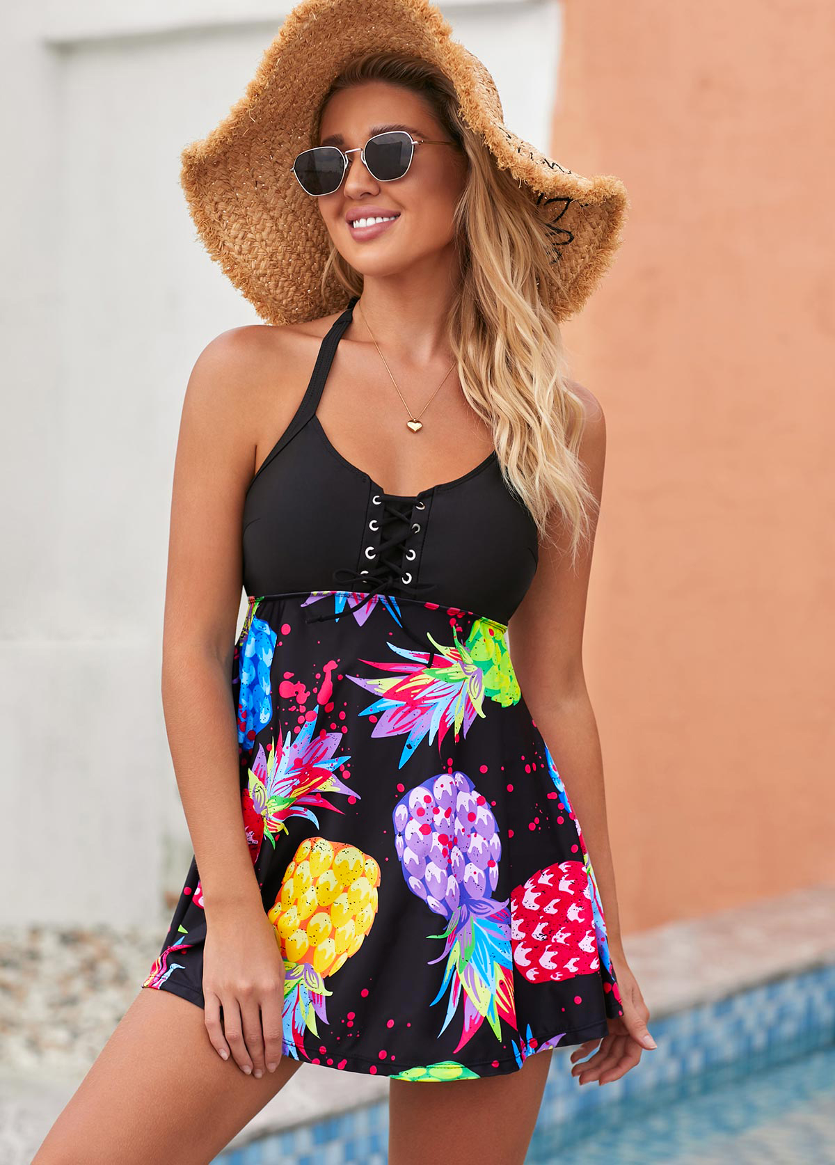 Pineapple Print Lace Up Halter Swimdress and Panty