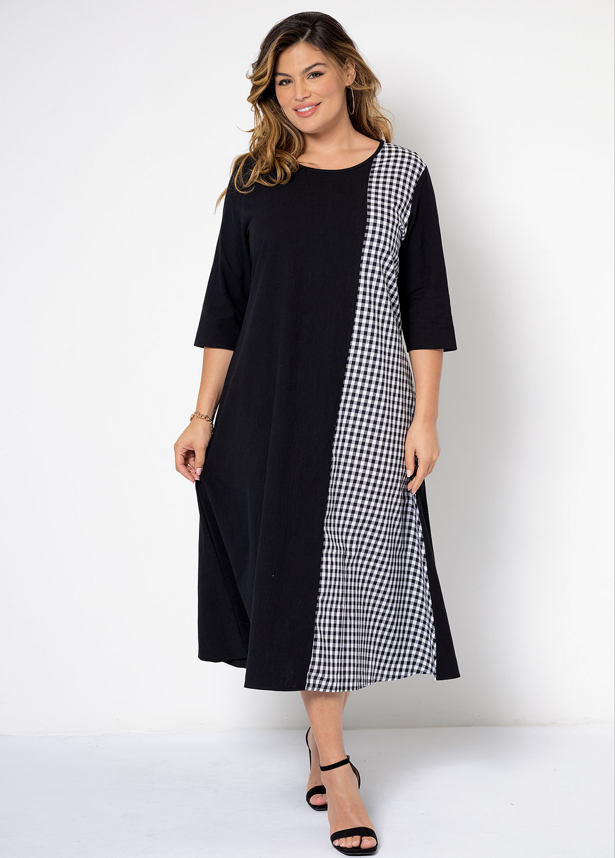 Plus Size 3/4 Sleeve Plaid Dress