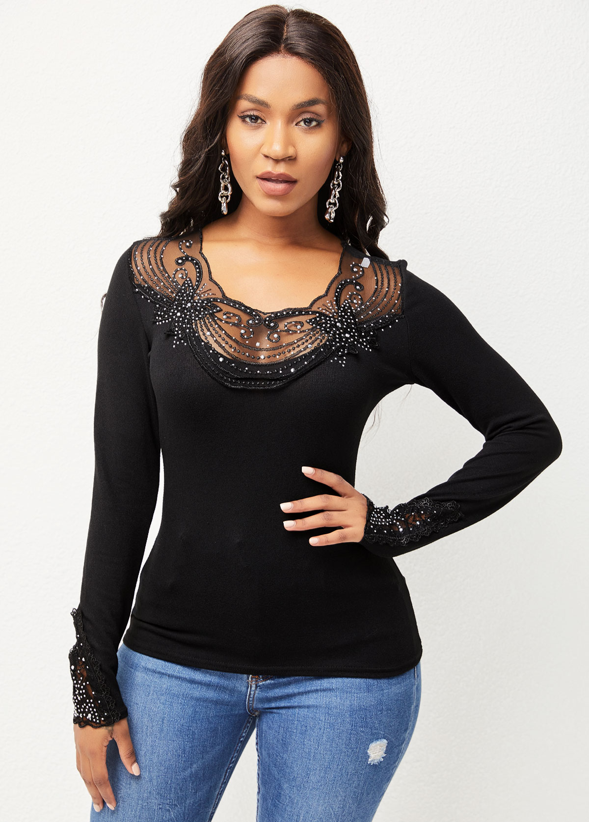 Long Sleeve Lace Stitching Beaded Detail T Shirt