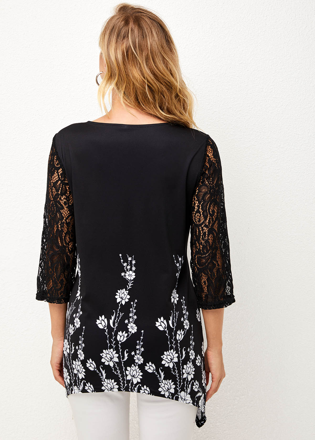 Lace Stitching Black Asymmetric Hem T Shirt