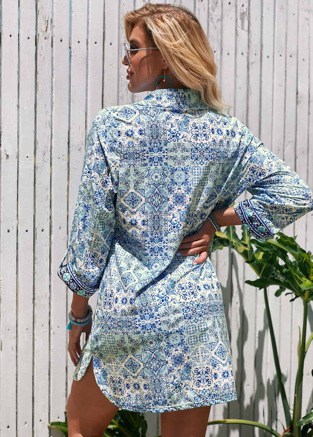 Turndown Collar 3/4 Sleeve Printed Cover Up