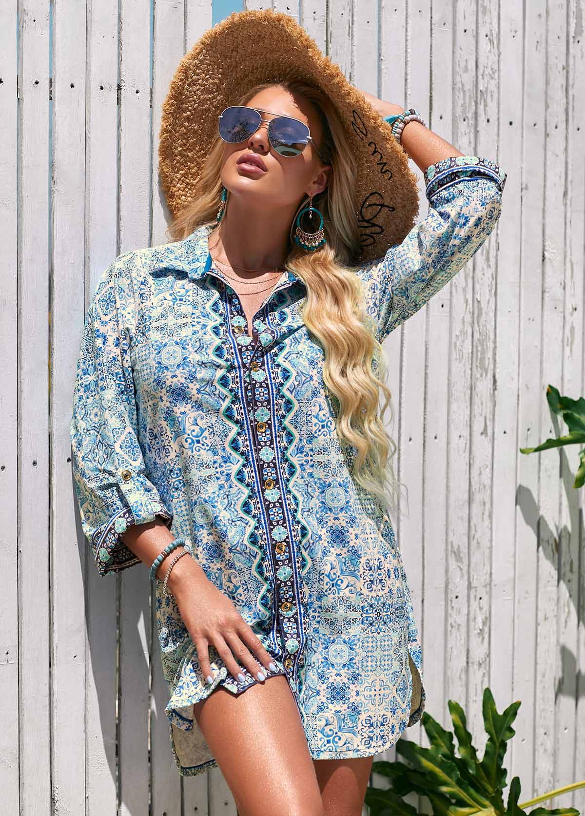 Turndown Collar 3/4 Sleeve Printed Cover Up