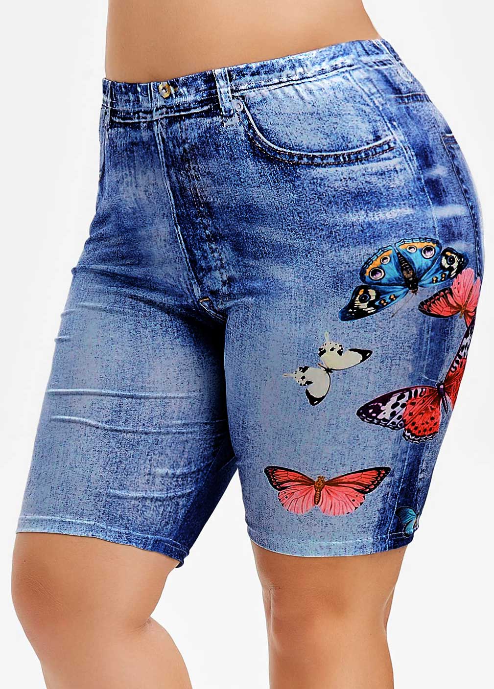 Butterfly Print High Waisted Plus Size Denim Shorts