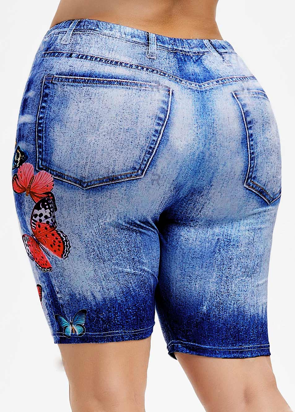 Butterfly Print High Waisted Plus Size Denim Shorts