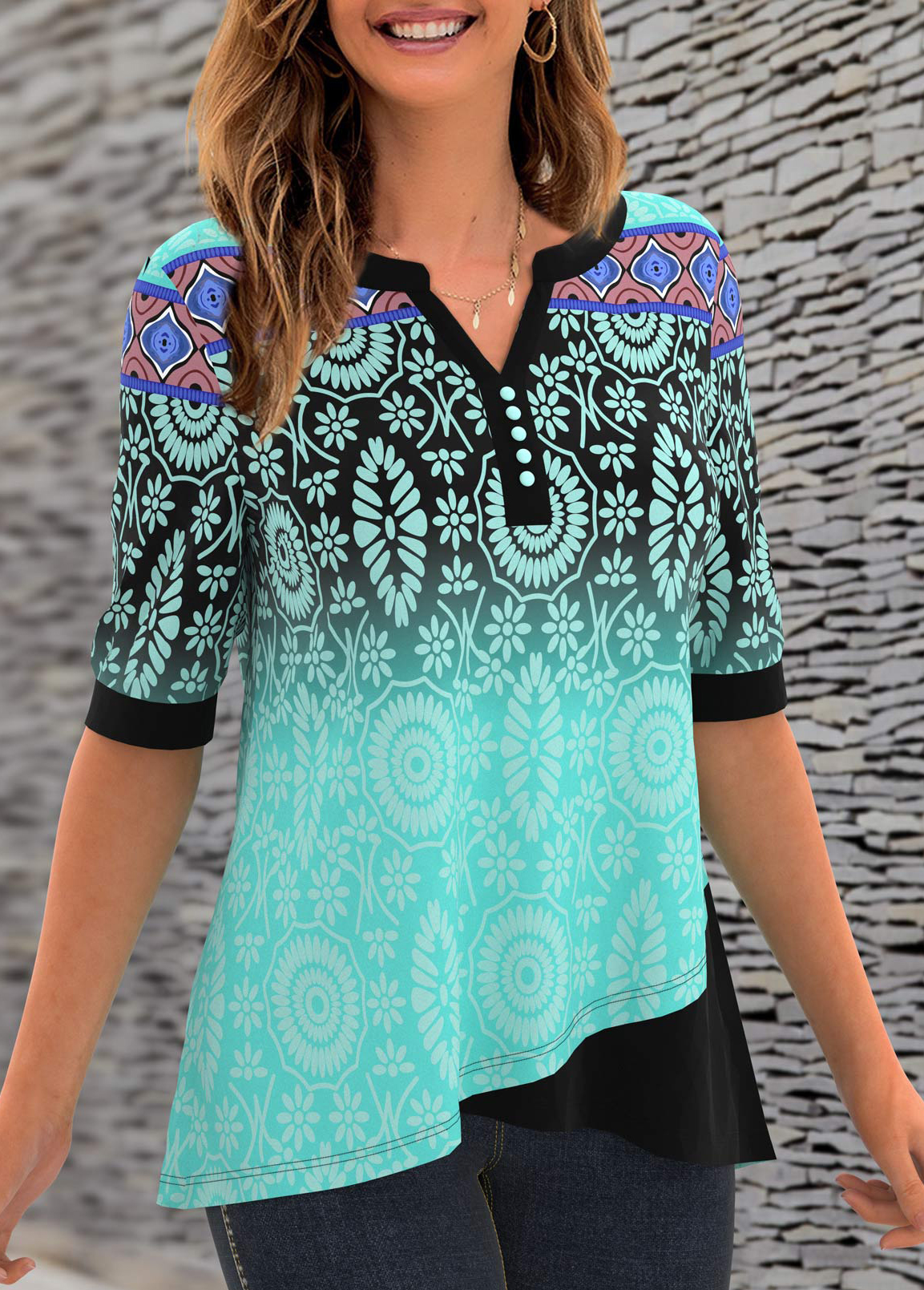Printed Split Neck Button Detail T Shirt