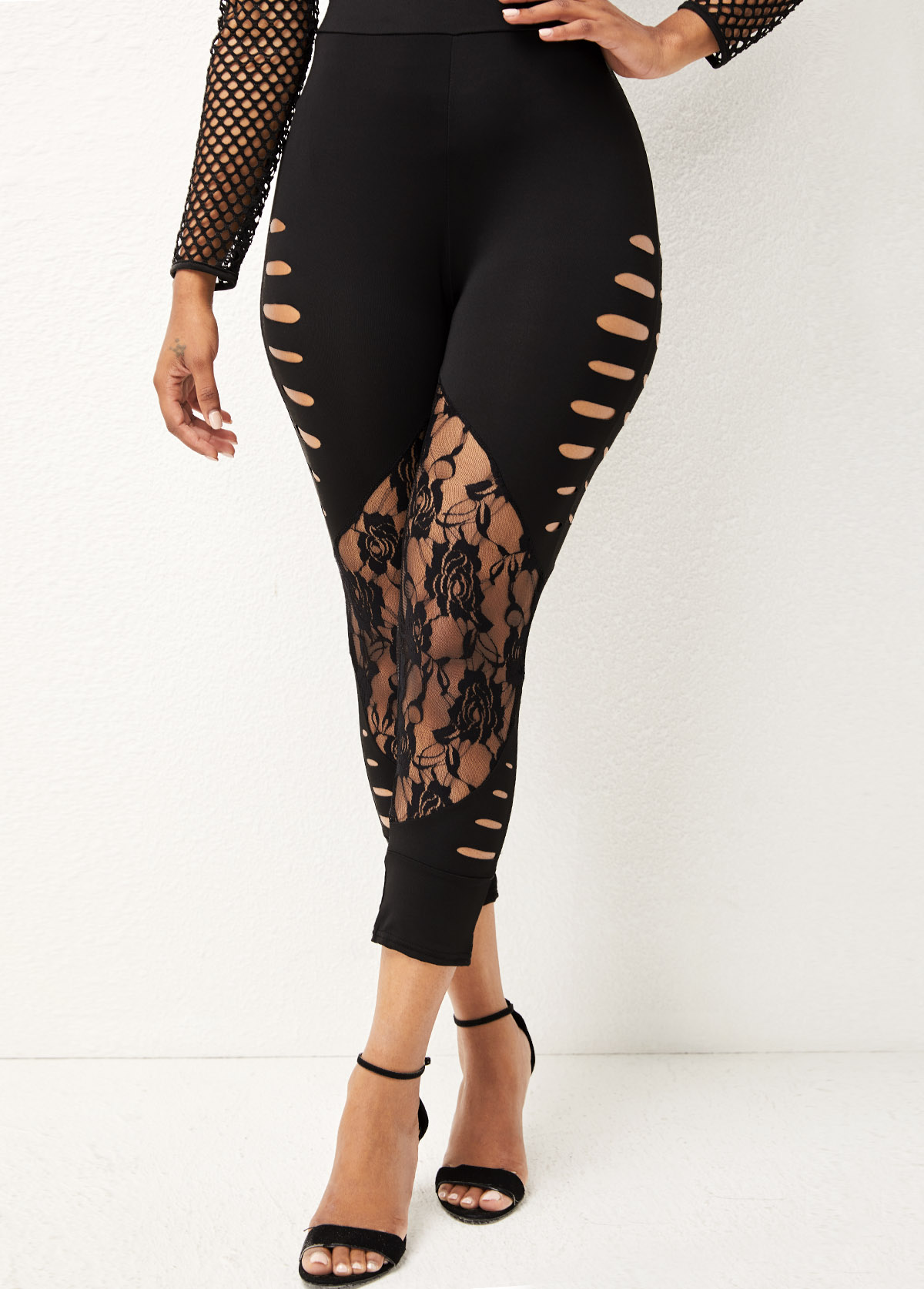 High Waisted Lace Stitching Solid Skinny Pants