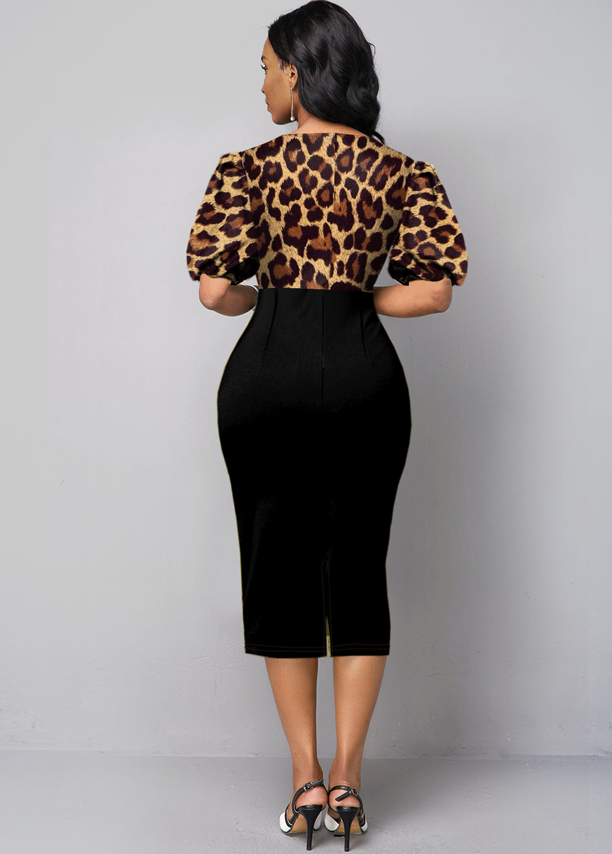 Puff Sleeve Bowknot Leopard Bodycon Dress