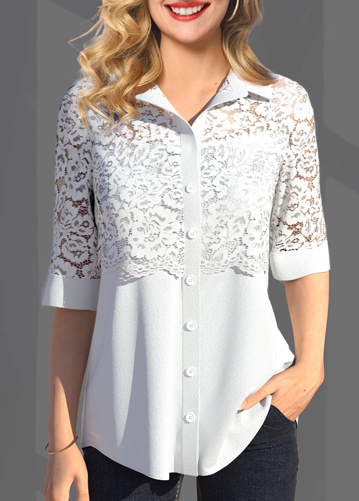 Button Up Lace Stitching Solid Blouse