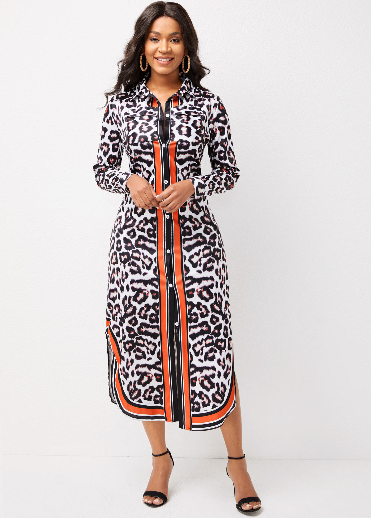 Button Up Long Sleeve Leopard Dress
