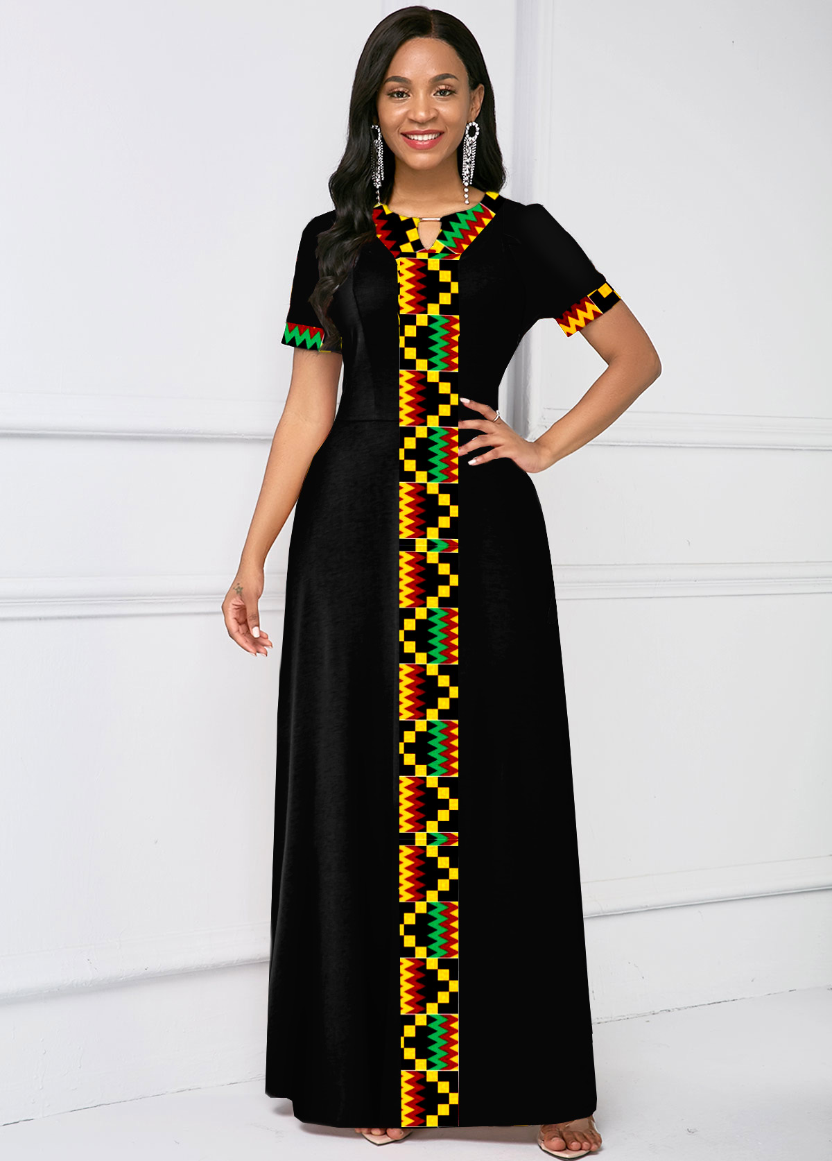 Short Sleeve Tribal Print Keyhole Neck Dress