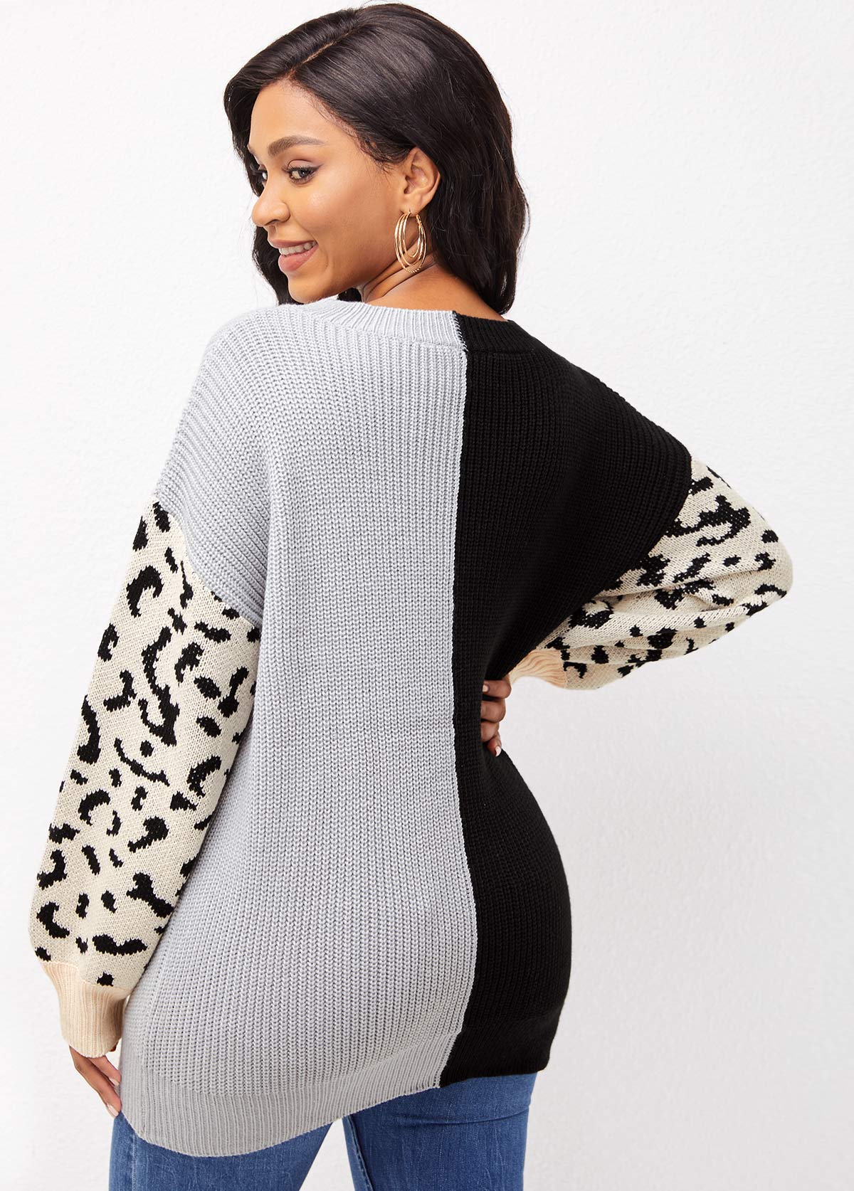 Leopard Color Block Lantern Sleeve V Neck Sweater