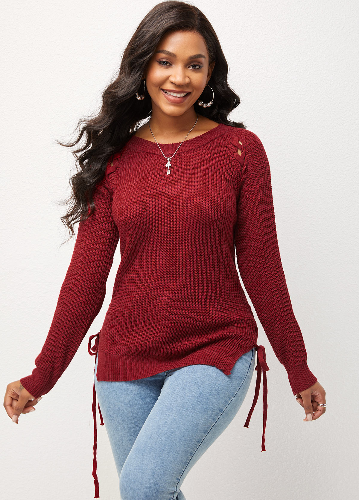 Wine Red Lace Up Long Sleeve Round Neck Sweater