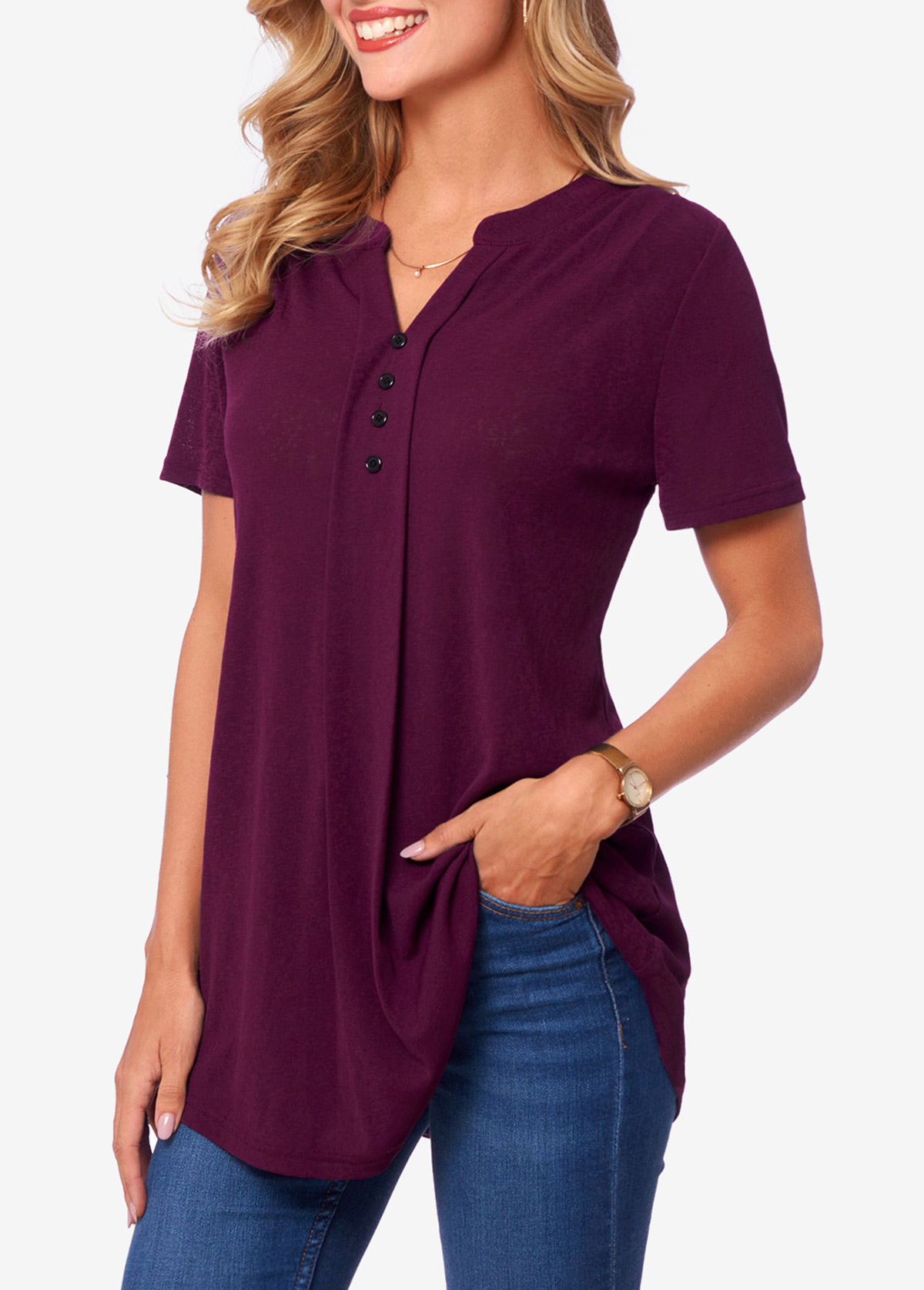 Short Deep Purple Sleeve Split Neck Solid T Shirt