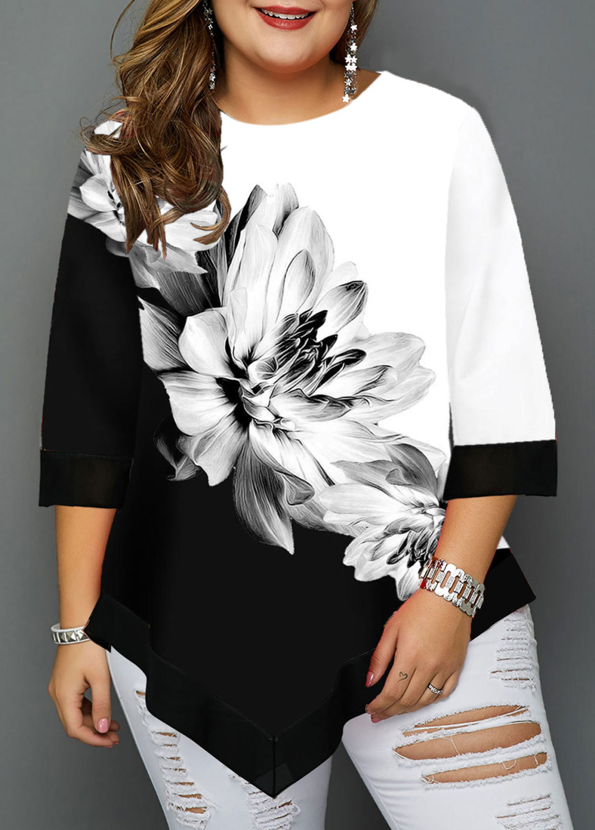 Floral Print Asymmetric Hem Plus Size T Shirt