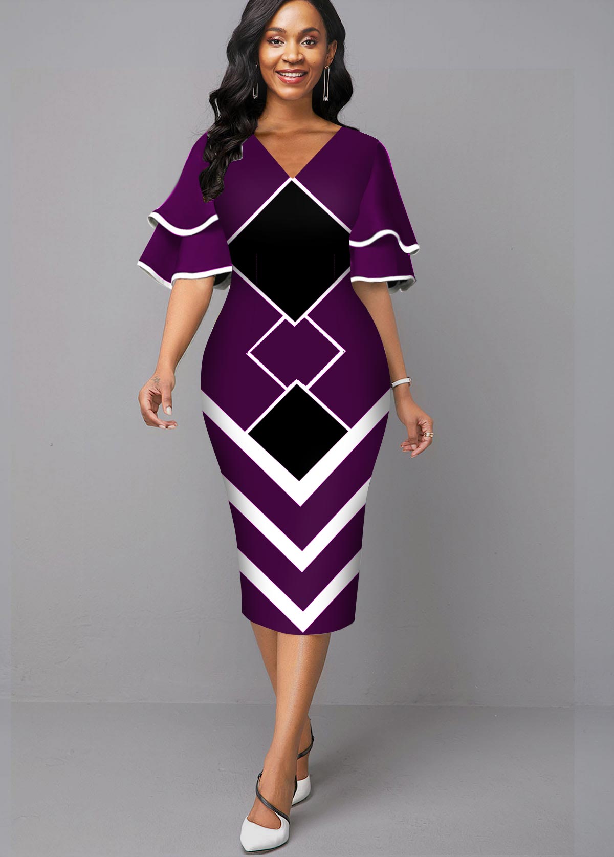 V Neck Geometric Print Layered Bell Sleeve Purple Dress