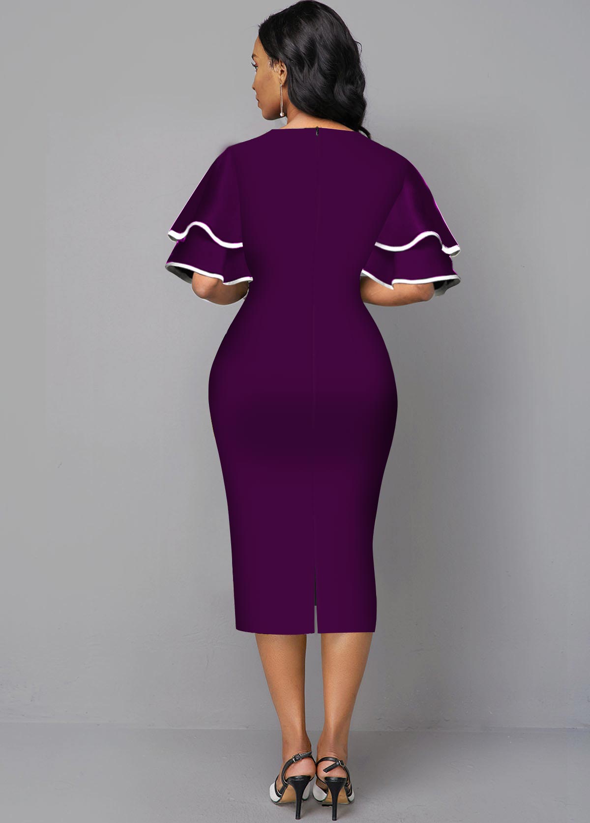 V Neck Geometric Print Layered Bell Sleeve Purple Dress