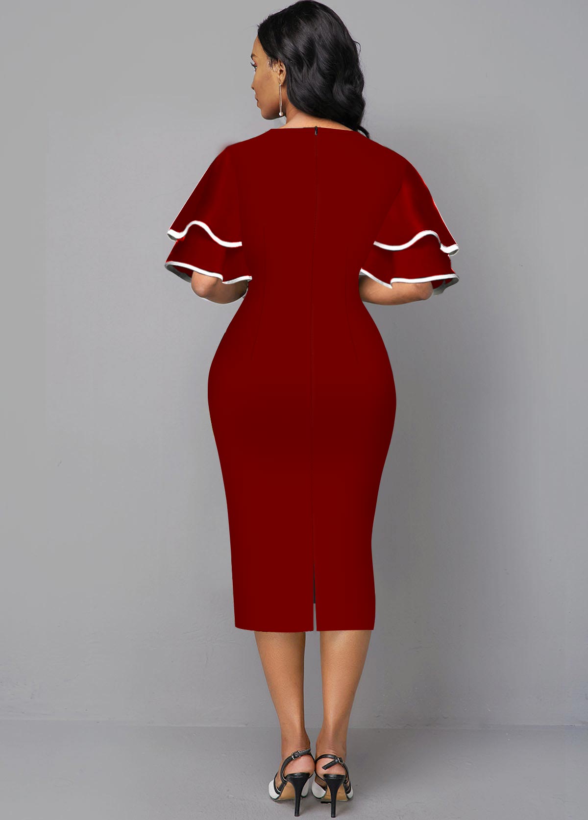 V Neck Geometric Print Layered Bell Sleeve Red Dress