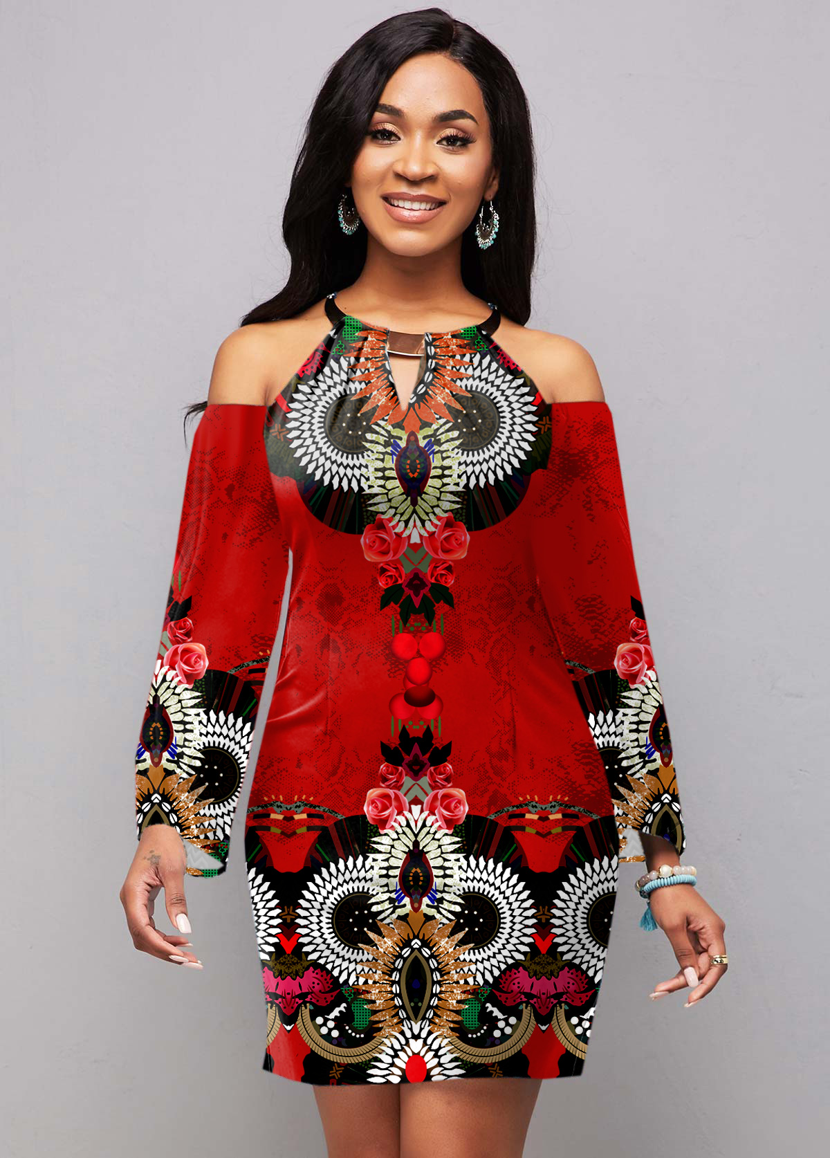 Cold Shoulder Long Sleeve Tribal Print Dress