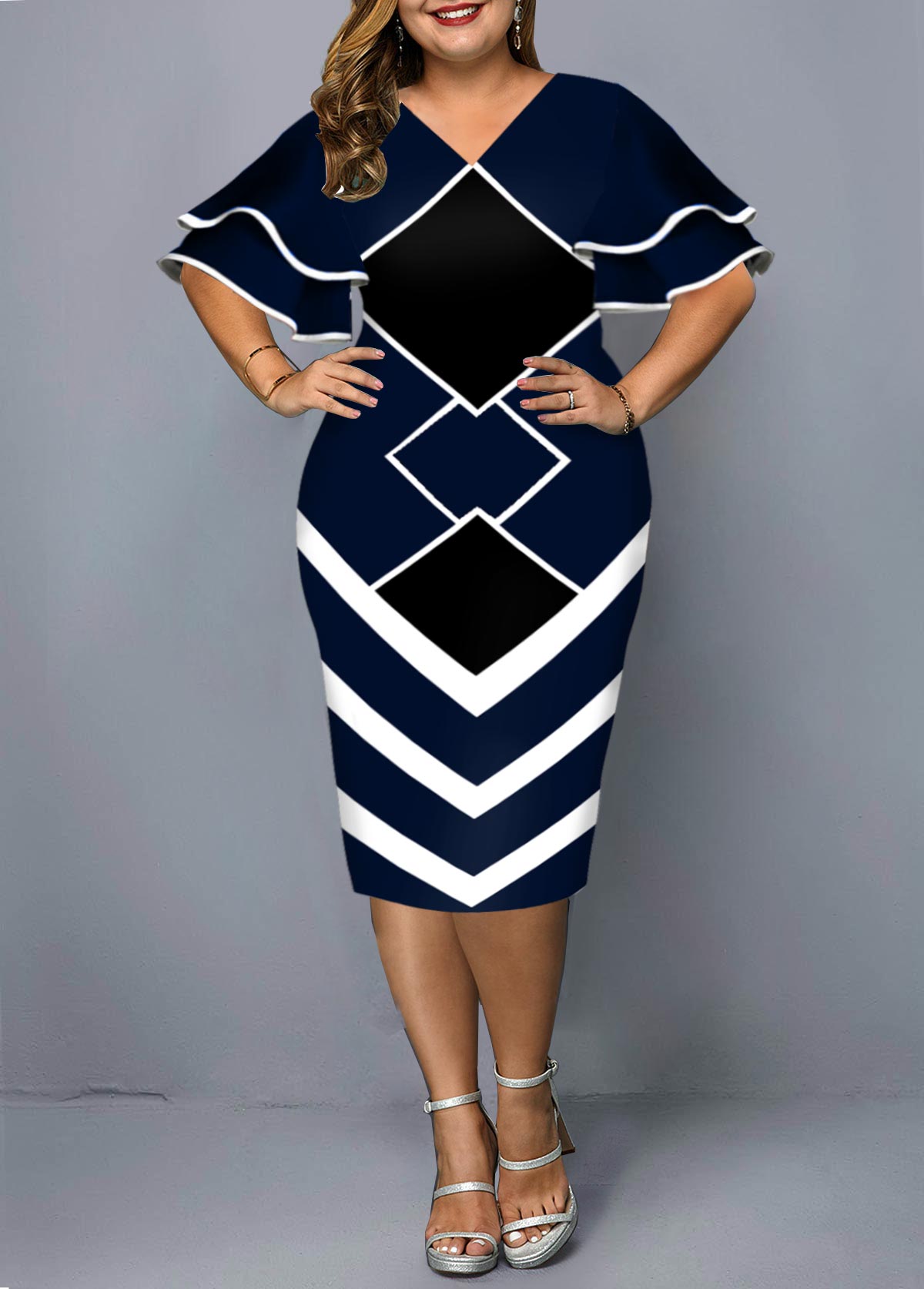 Geometric Print Plus Size Short Sleeve Dress