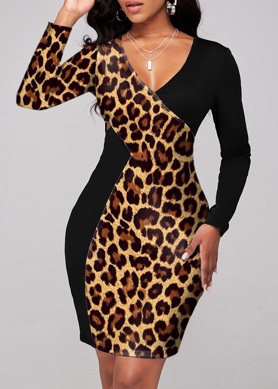 Cross Front Leopard Long Sleeve Dress