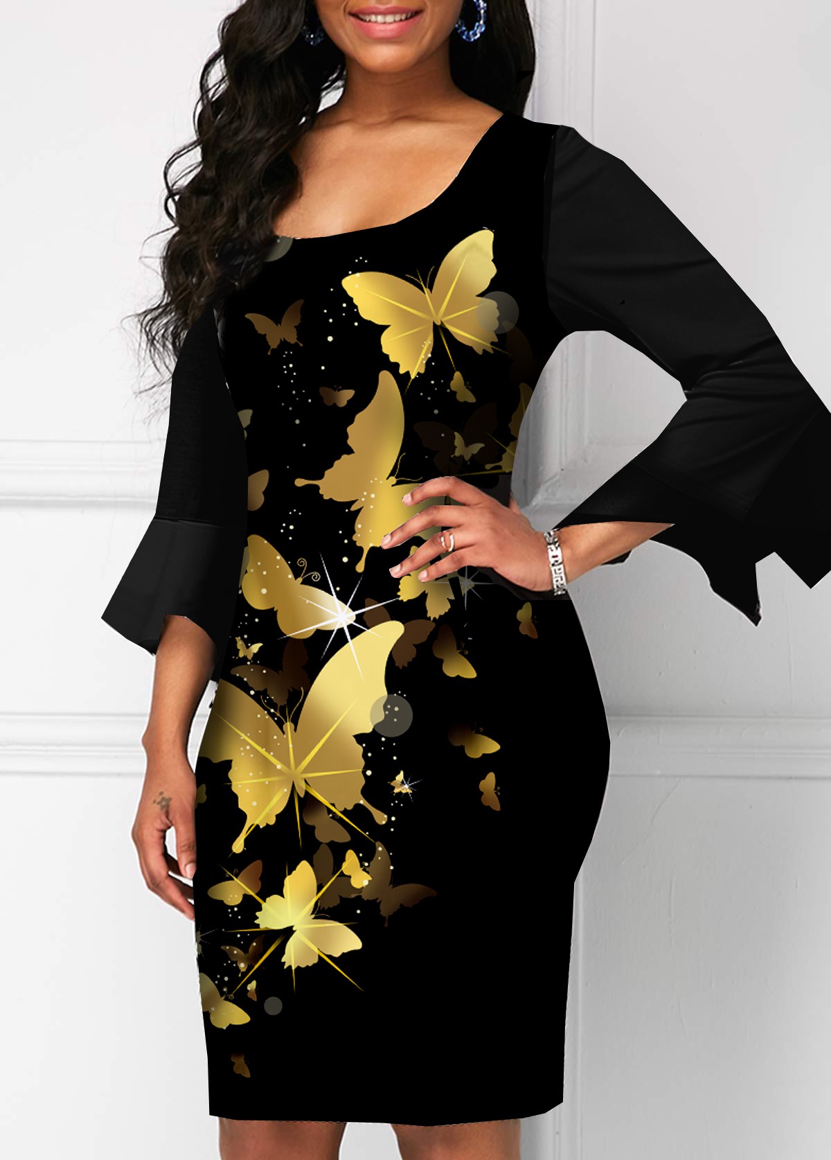 Butterfly Print Hanky Sleeve Square Collar Dress