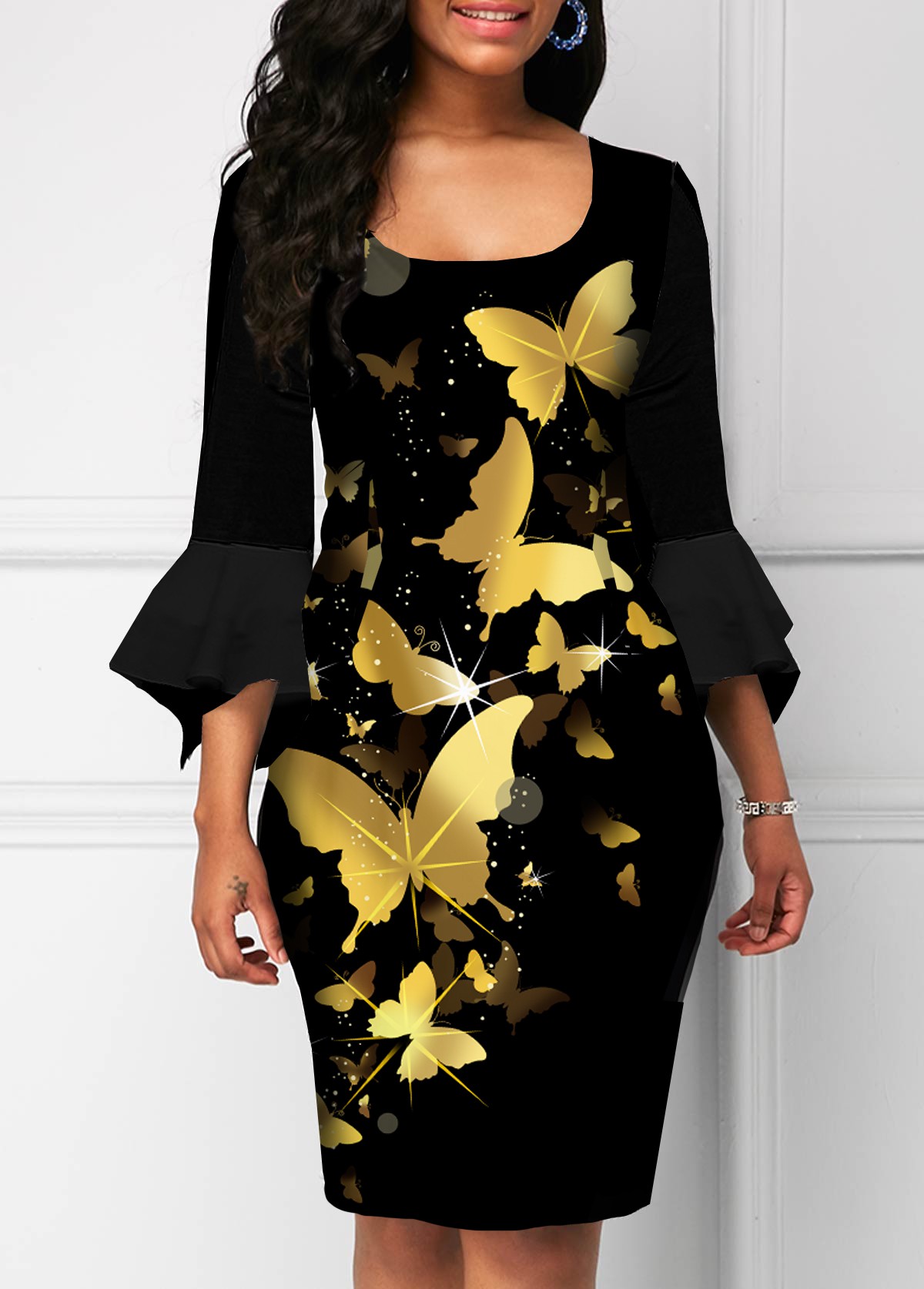 Butterfly Print Hanky Sleeve Square Collar Dress