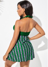 Center Shirred Printed Halter Tie Back Swimdress and Shorts