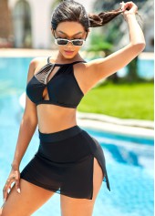 Cutout Mesh Stitching Mid Waist Bikini Set