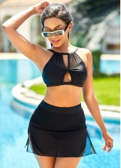 Cutout Mesh Stitching Mid Waist Bikini Set