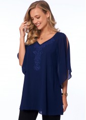 Solid Embellished Neck Cold Shoulder T Shirt