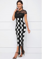 Round Neck Mesh Stitching Plaid Dress 