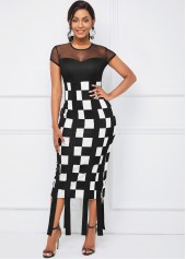 Round Neck Mesh Stitching Plaid Dress 