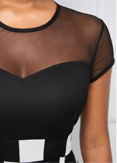 Round Neck Mesh Stitching Plaid Dress 