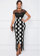 Round Neck Mesh Stitching Plaid Dress 