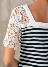 Striped Lace Patchwork Short Sleeve V Neck T Shirt